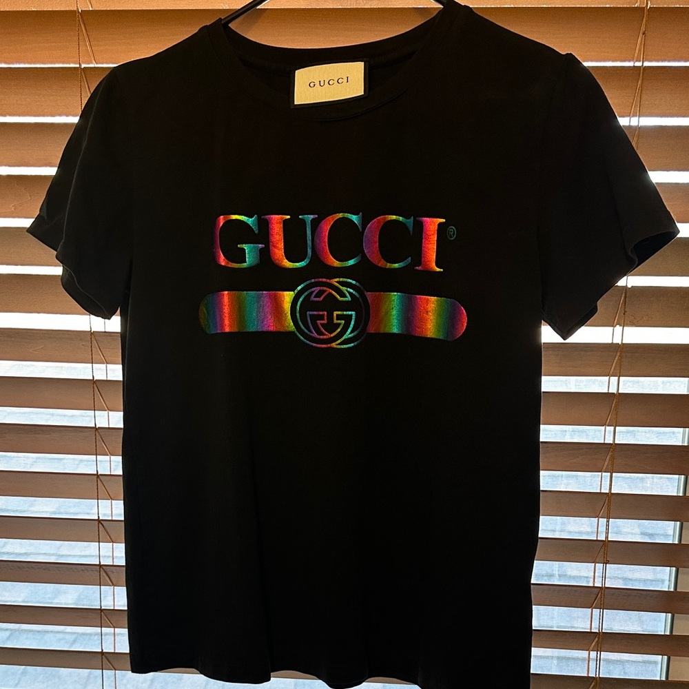 Gucci Black Tee with Multicolor Logo